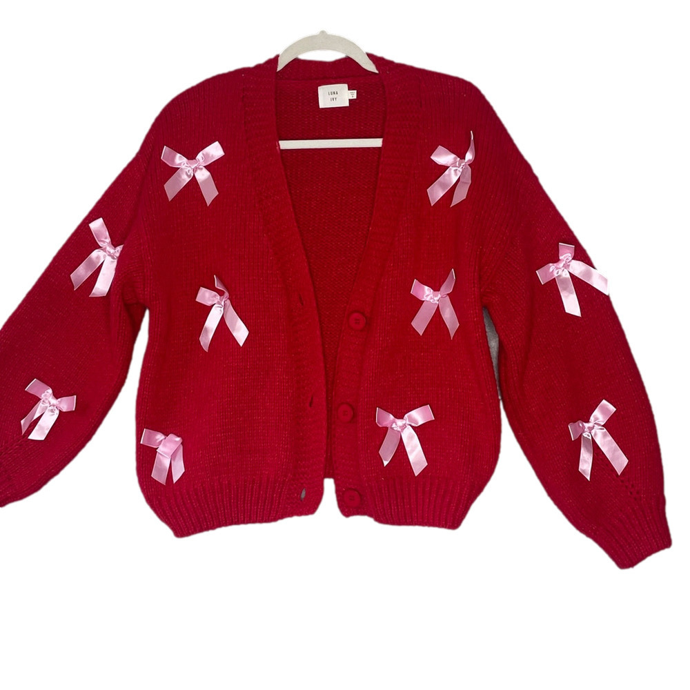 Luna Ivy Red Chunky Knit Bow Cardigan Small